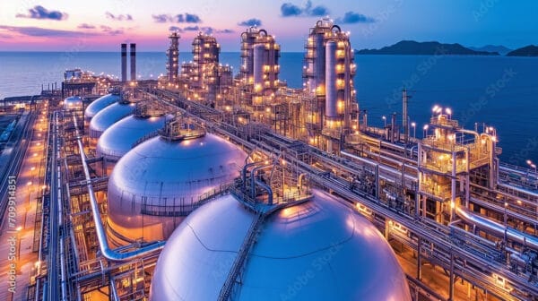 Petrochemical Plant at Dusk Large industrial refinery with spherical storage tanks and complex piping at twilight. This is an example of a Class I Division 1 hazardous location where explosion-proof lighting is essential.